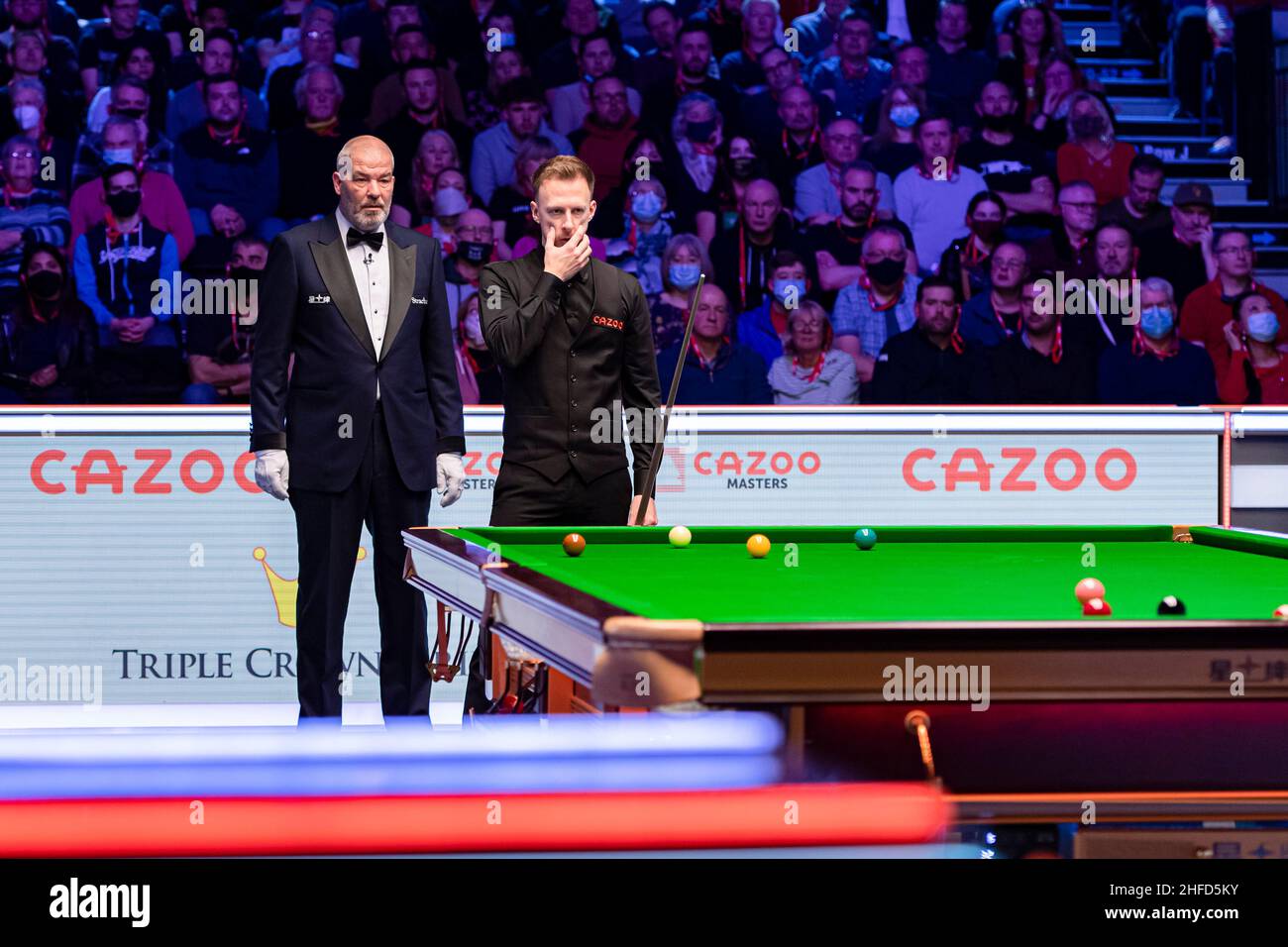 LONDRES, ROYAUME-UNI.15th janvier 2022.Judd Trump contre Barry Hawkins lors du Cazoo Master 2022 à Alexandra Palace le samedi 15 janvier 2022 à LONDRES, ANGLETERRE.Credit: Taka G Wu/Alay Live News Banque D'Images