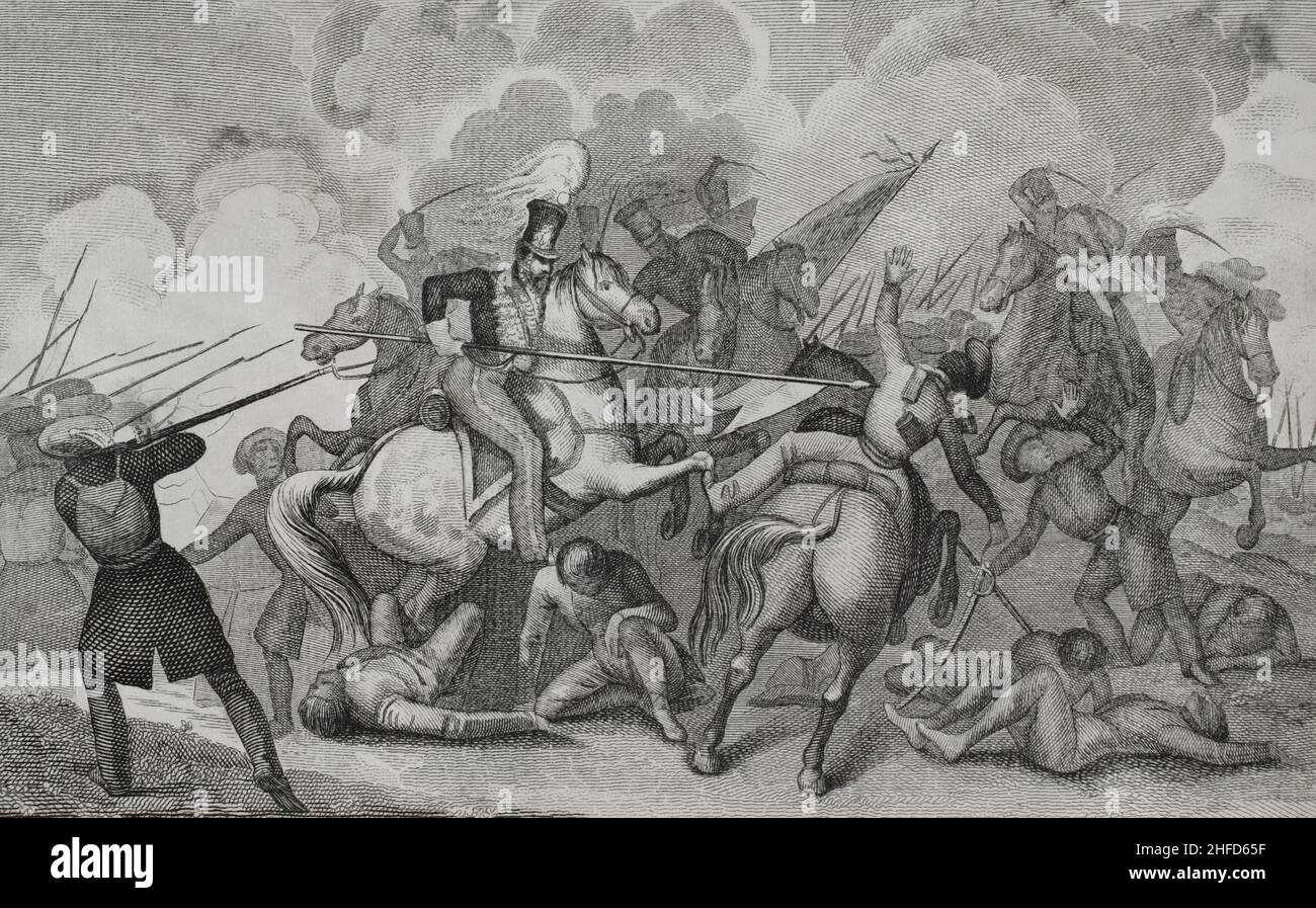 Histoire de l'Espagne.Première Guerre des Carlistes (1833-1840).Bataille de Villarrobledo (20 septembre 1836).Il a eu lieu dans la région connue sous le nom de Vega de San Cristóbal, à la périphérie de la ville.Les troupes de Carliste du général Miguel Gómez ont été vaincues par l'armée Royaliste d'Isidro Alaix, qui avait reçu des renforts de cavalerie des Hussars de Diego de León.Illustration par Antonio Gómez.Gravure par José Gómez.Panorama Español, Crónica Contemporánea.Volume IIIMadrid, 1845. Banque D'Images