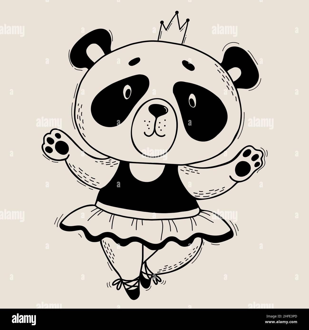 Adorable personnage de panda. Ballerine fille en robe sur les chaussures de pointe avec couronne.Illustration vectorielle.Personnage mignon animal dans le style linéaire dessin à la main pour Illustration de Vecteur