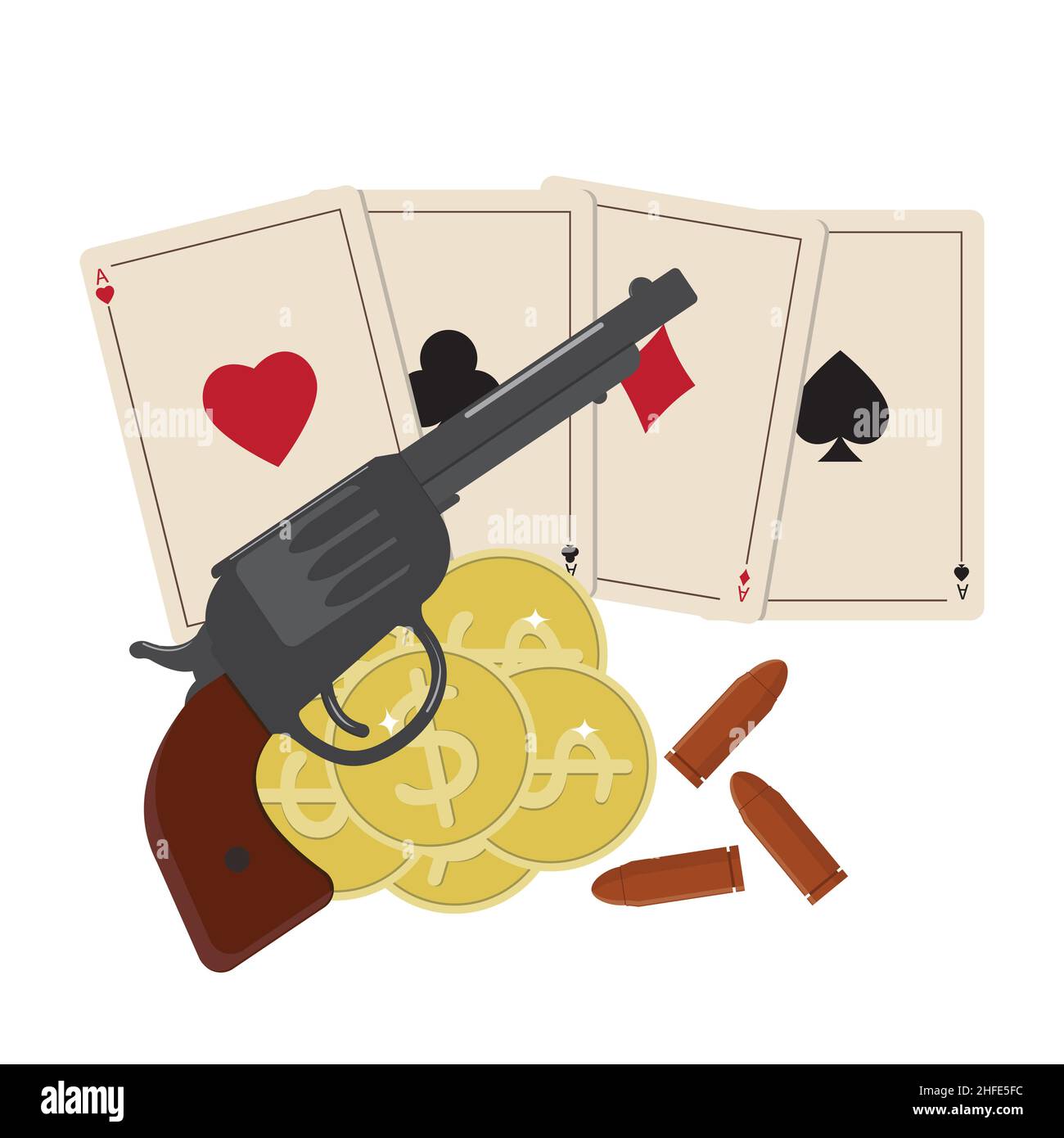 Composition cartes à jouer, argent et un revolver, couleur isolée illustration vectorielle sur fond blanc. Illustration de Vecteur