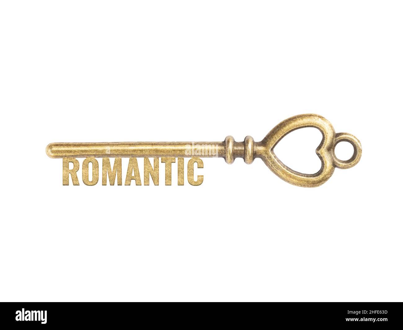 Clés anciennes en bronze vintage avec mot romantique isolé sur fond blanc.Chance et opportunité de concept Banque D'Images