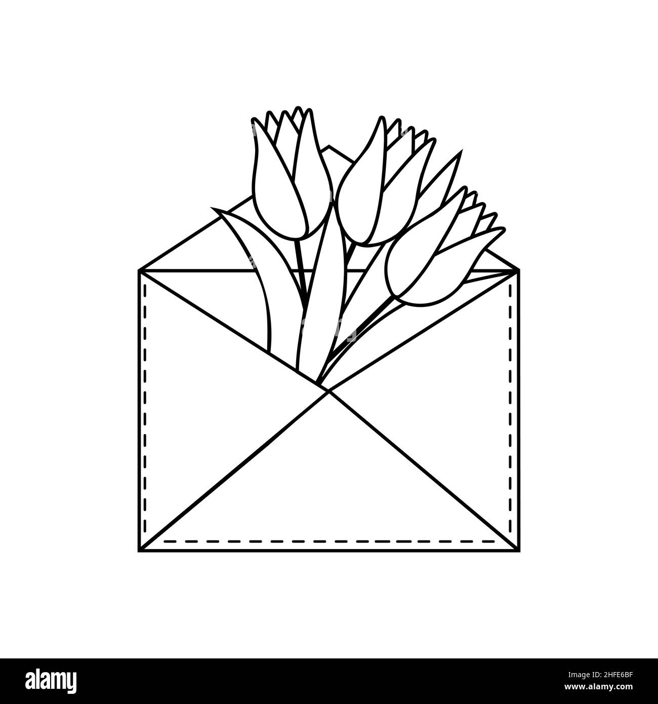 Fleurs tulipes dans une enveloppe, contour colorant vecteur isolé Illustration de Vecteur