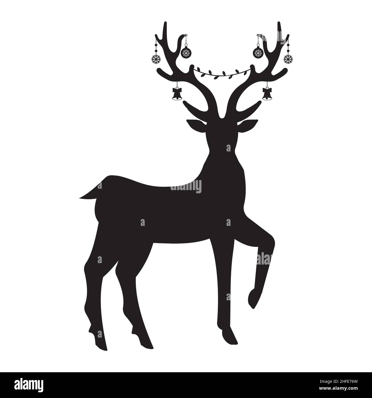 Bois de cerf de Noël avec guirlande et cadeaux, pochoir noir, illustration vectorielle isolée. Illustration de Vecteur