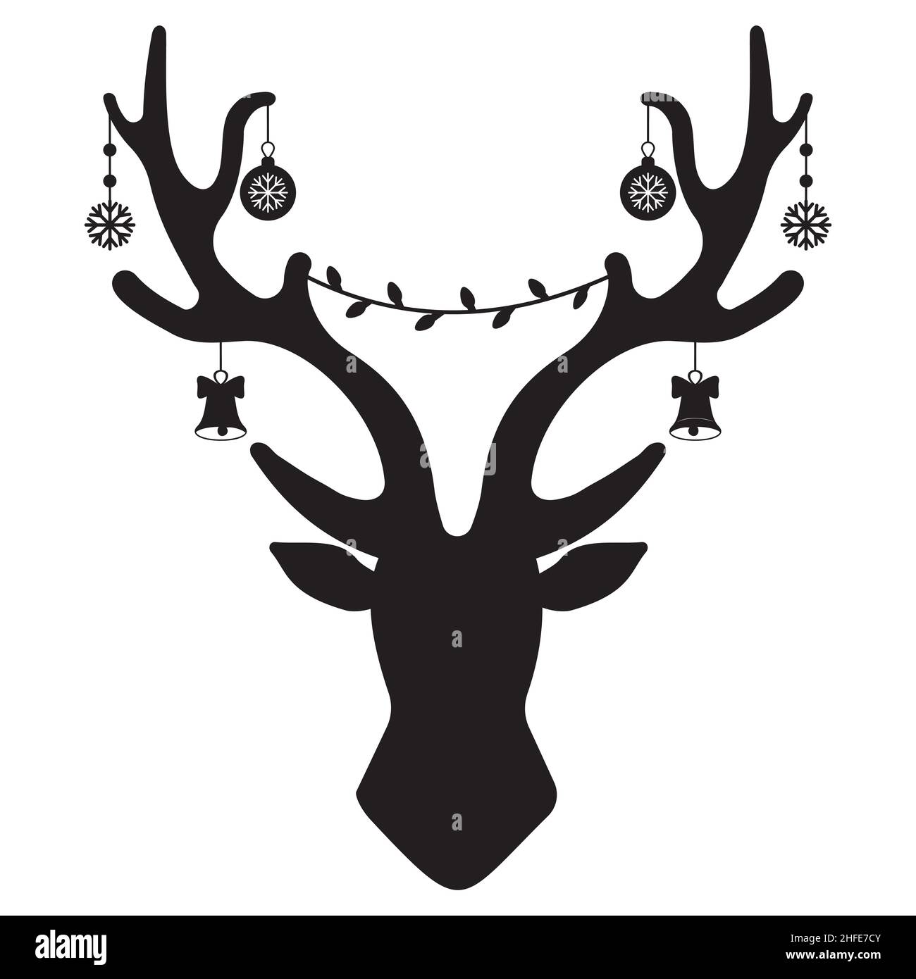 Bois de cerf de Noël avec guirlande et cadeaux, pochoir noir, illustration vectorielle isolée. Illustration de Vecteur