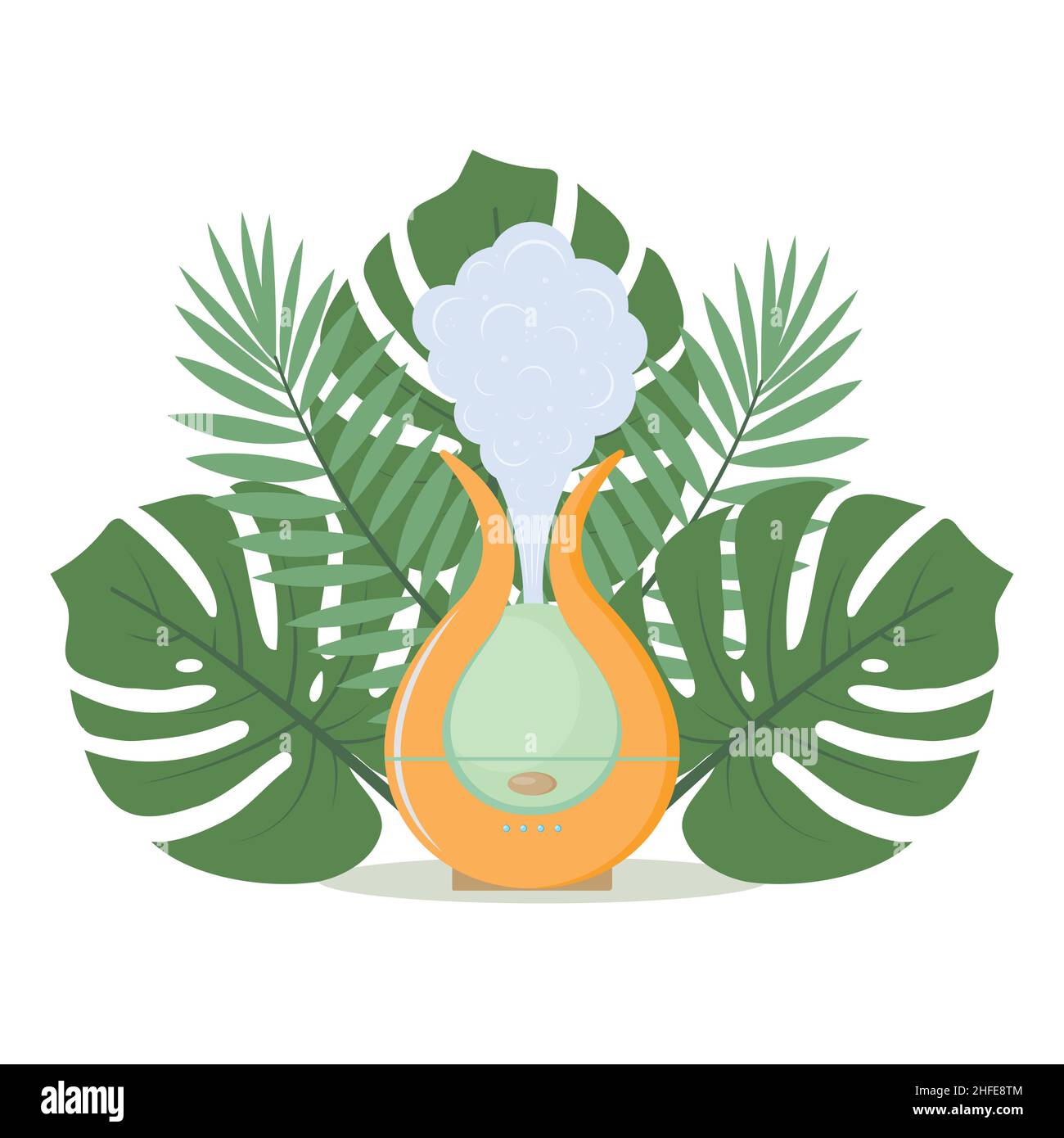 humidificateur sur le fond des feuilles tropicales, illustration vectorielle isolée par couleur. Illustration de Vecteur