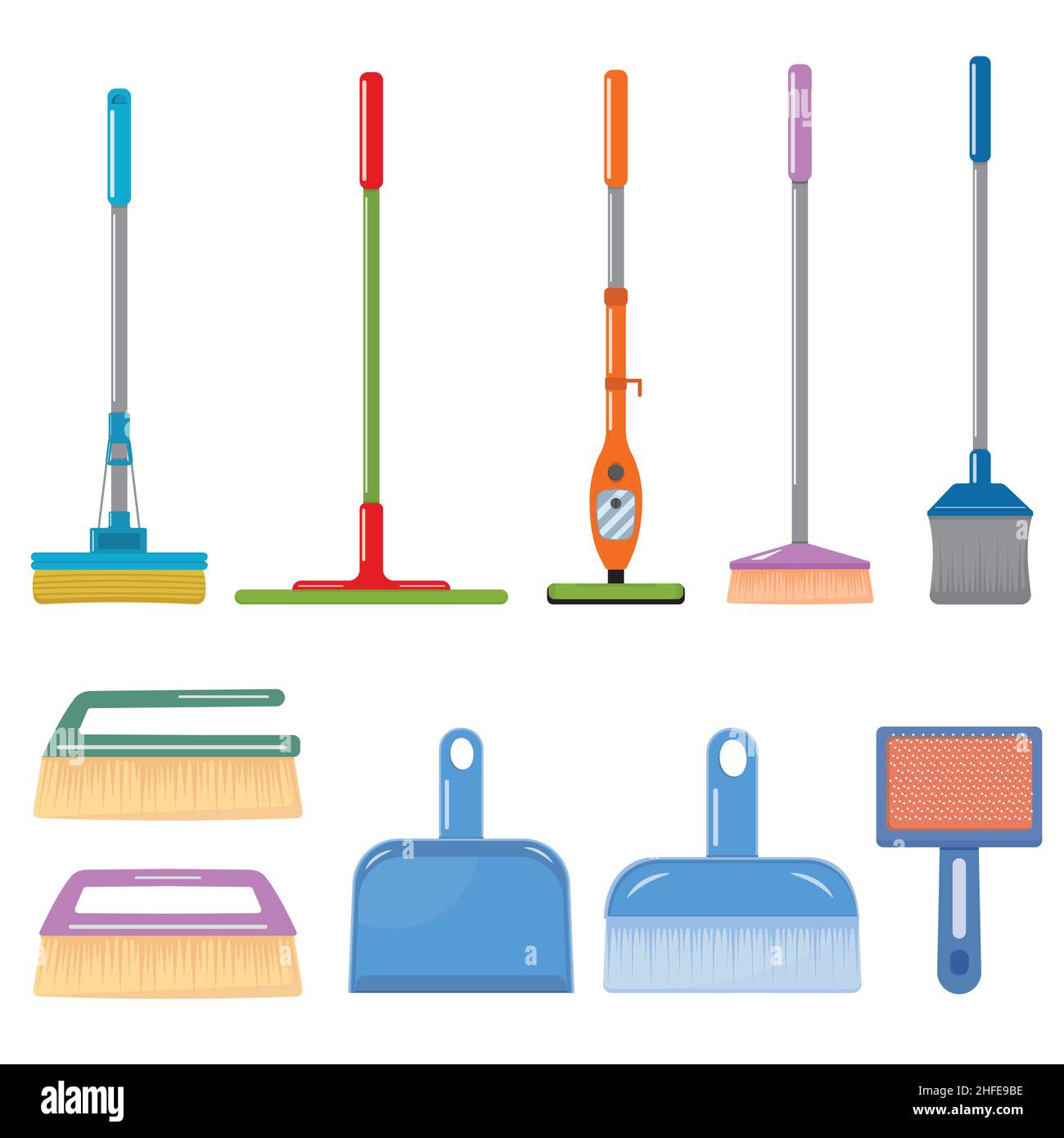 Un ensemble d'accessoires pour nettoyer la maison, des brosses, des balais, une pelle à poussière, une illustration vectorielle à couleur isolée. Illustration de Vecteur