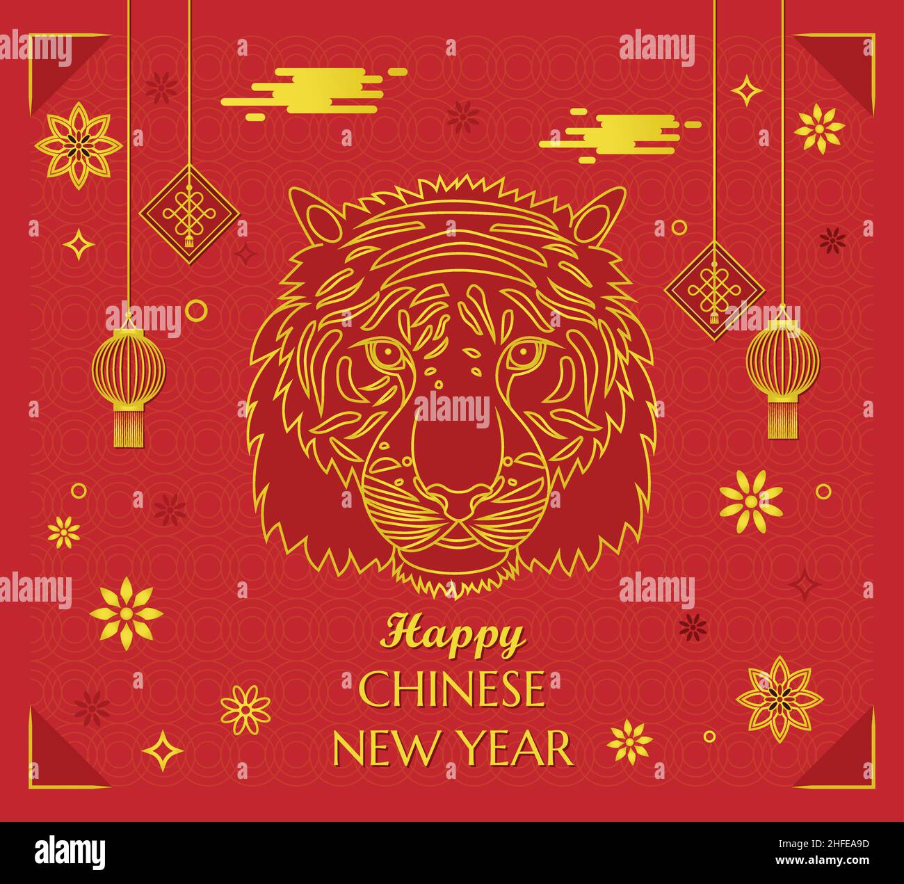 Happy Chinese New Year Tiger Poster papier peint traditionnel chinois doré rouge cadre accueil avec lanternes et nuages Illustration de Vecteur
