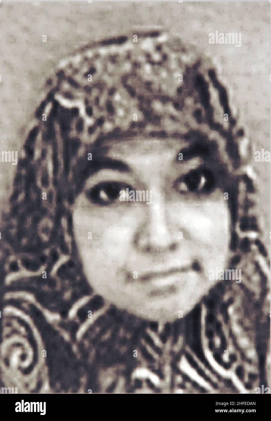 Le Federal Bureau of Investigation des États-Unis (FBI) cherche des informations sur les activités d'Aafia Siddiqui.Cette photo a été publiée à Washington, DC le 26 mai 2004.Elle est recherchée dans le cadre d'éventuelles menaces terroristes contre les États-Unis.En 2008, soupçonnée d'avoir fomenté des attaques à New York, elle a été condamnée en 2010 pour avoir tenté de tuer du personnel militaire américain en Afghanistan.Siddiqui est incarcérée à la prison Federal Medical Center-Carswell de fort Worth, au Texas, où elle purge une peine de 86 ans de prison.Il a été signalé que l'hostag Banque D'Images