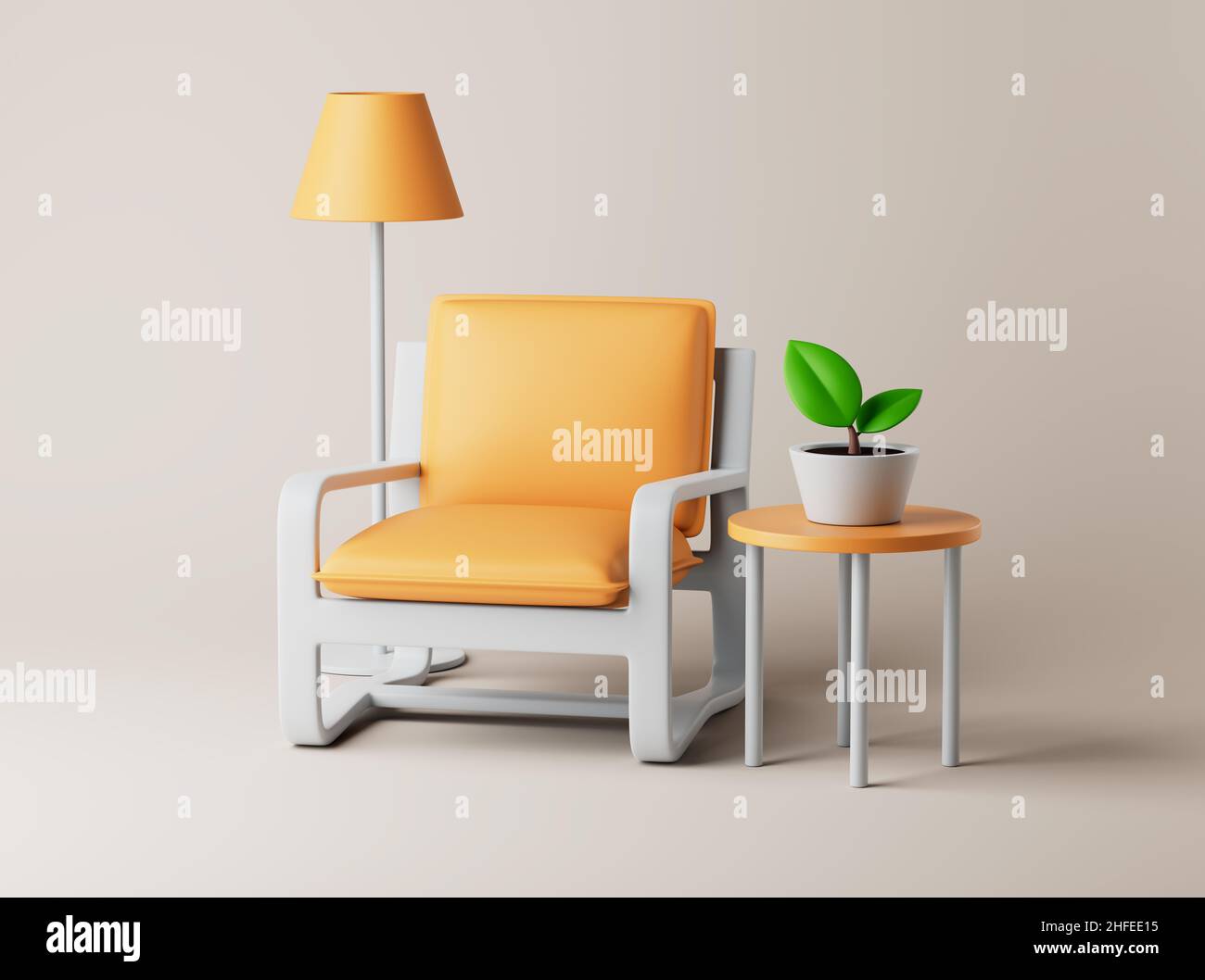 Intérieur avec fauteuil, lampadaire, petite table et plante sur le sol.Illustration simple du rendu 3D.Objets isolés sur fond pastel Banque D'Images