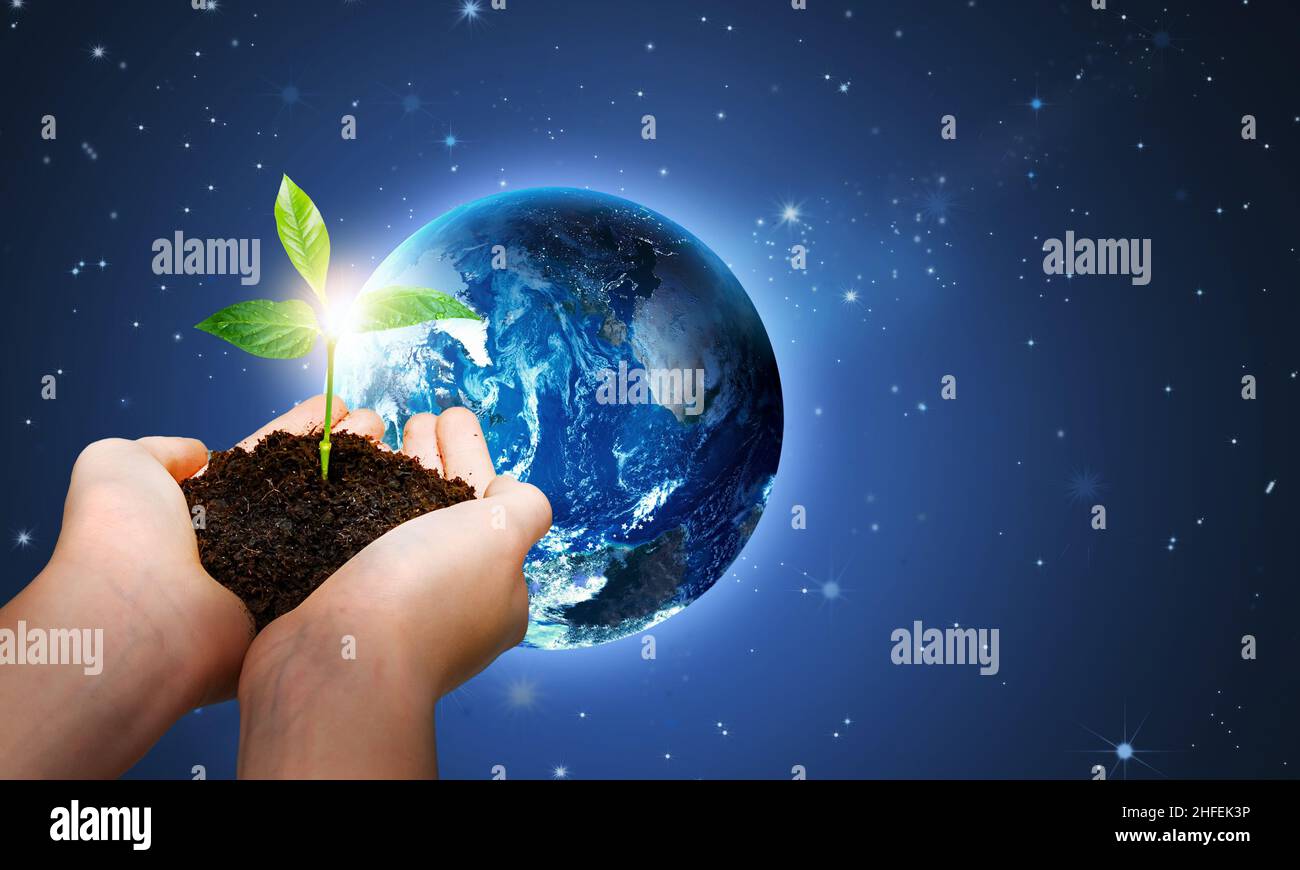 Plantez en main sur le fond de la planète Terre dans le ciel de Starry du système solaire. Banque D'Images