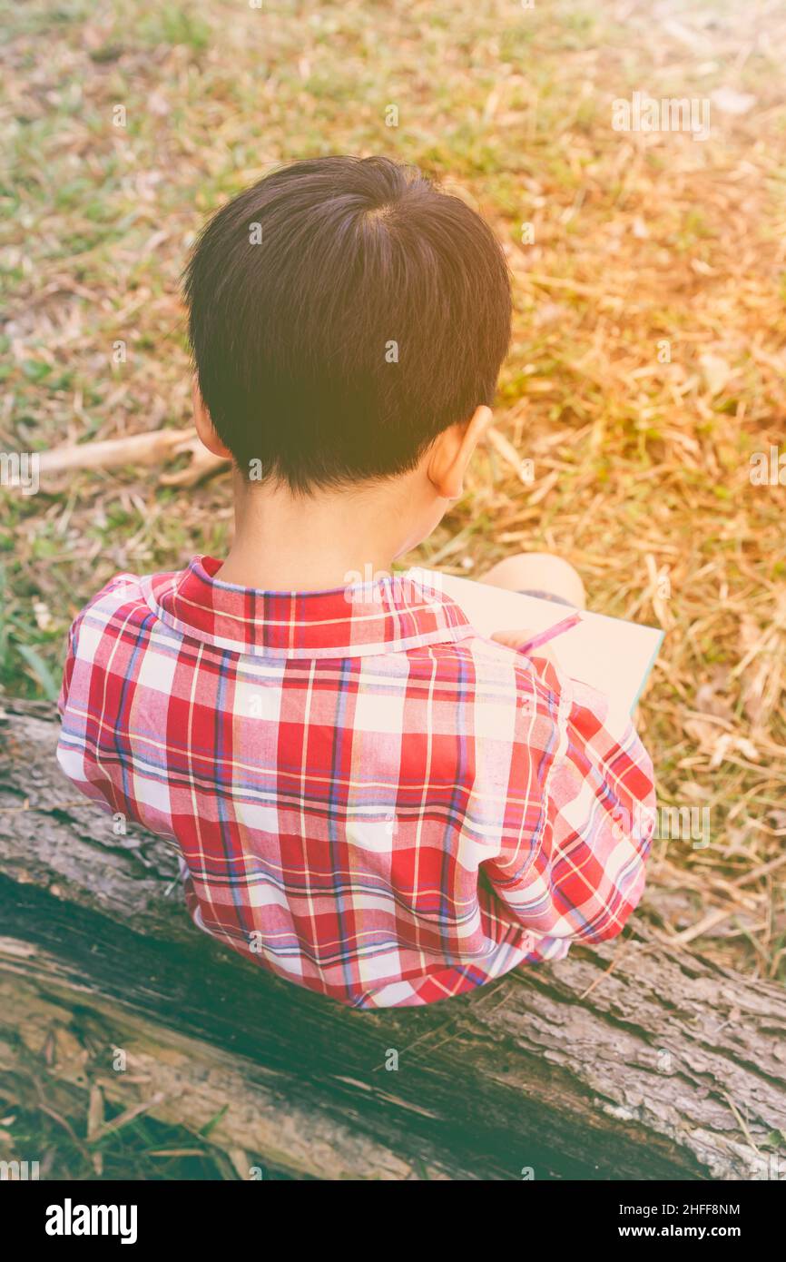 Vue arrière.Enfant utilisez le stylo pour écrire sur le livre dans le parc.À l'extérieur, en journée, en plein soleil.Les enfants lisent et étudient, concept d'éducation.Chaud t Banque D'Images