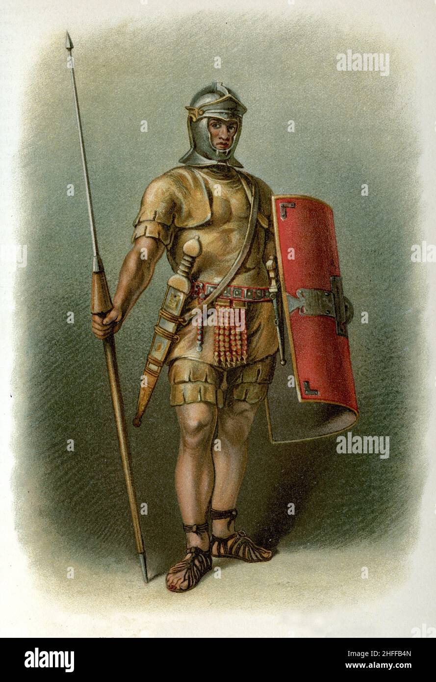 Ancien soldat romain de légion avec bouclier, épée et lance, illustration de couleur Banque D'Images