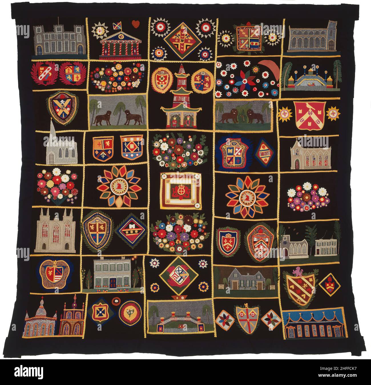 Courtepointe avec bâtiments, animaux et manteaux d'armes, New York, c.1890. Banque D'Images