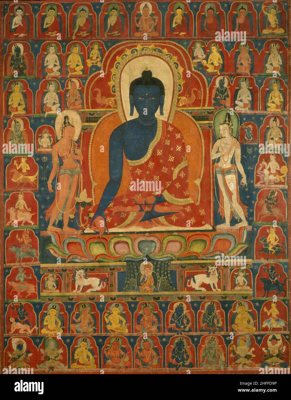 Bannière peinte (Thangka) avec le Bouddha de médecine (Bhaishajyaguru), 14th siècle. Banque D'Images