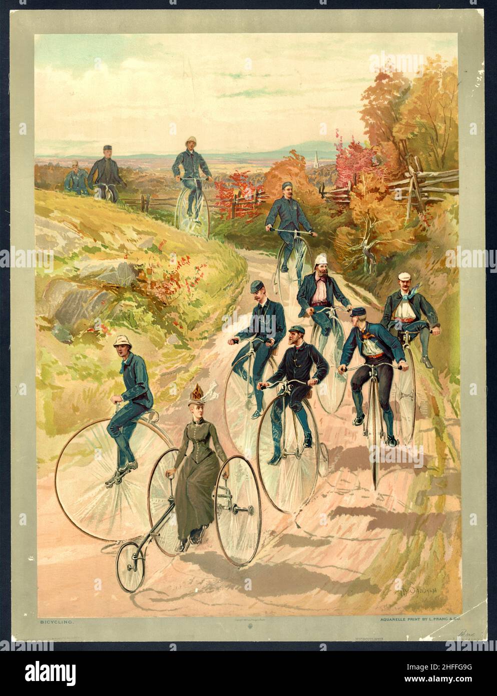 Henry 'Hy' Sandham illustration intitulée Bicycling - femme sur un tricycle, suivie par des hommes sur penny-farthings, c.1887. Banque D'Images
