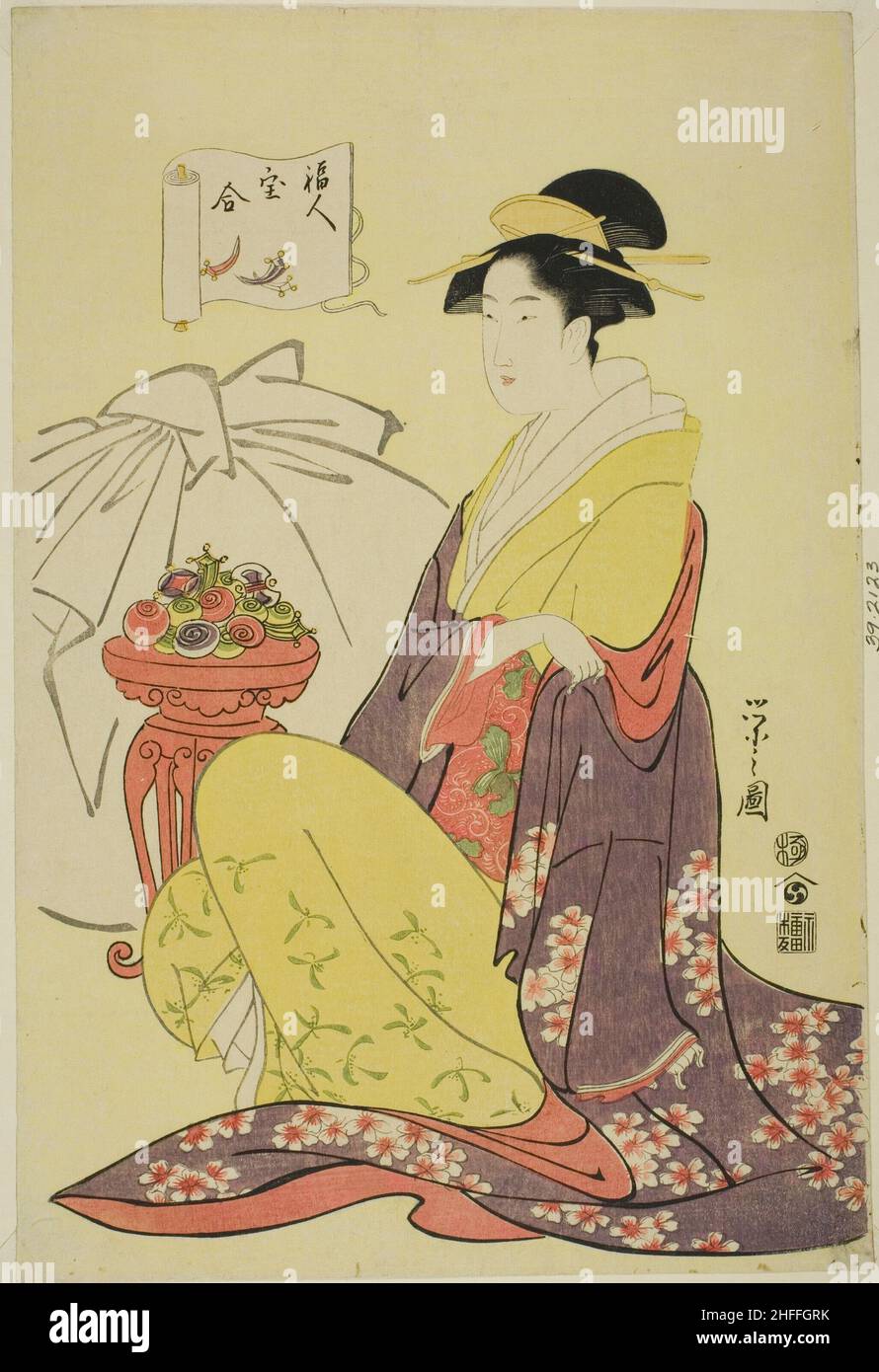 Hotei, de la série "Comparison of the Treasures of the Gods of Good Fortune (Fukujin takara awase)", c.1795. Banque D'Images