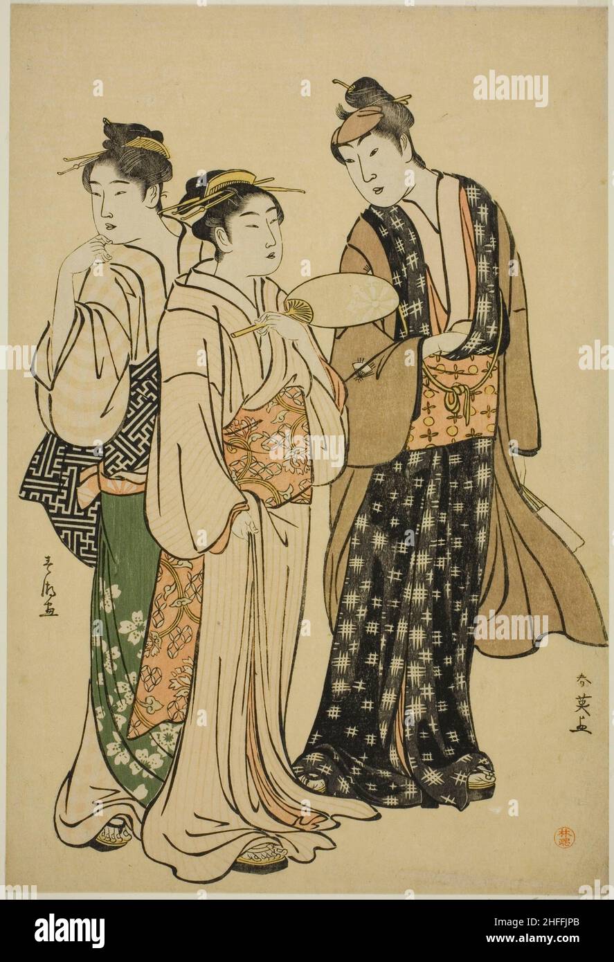 L'acteur Iwai Hanshiro IV dans Street attyre (par Shun'ei) conversant avec deux femmes (par Shuncho), c.1788. Banque D'Images