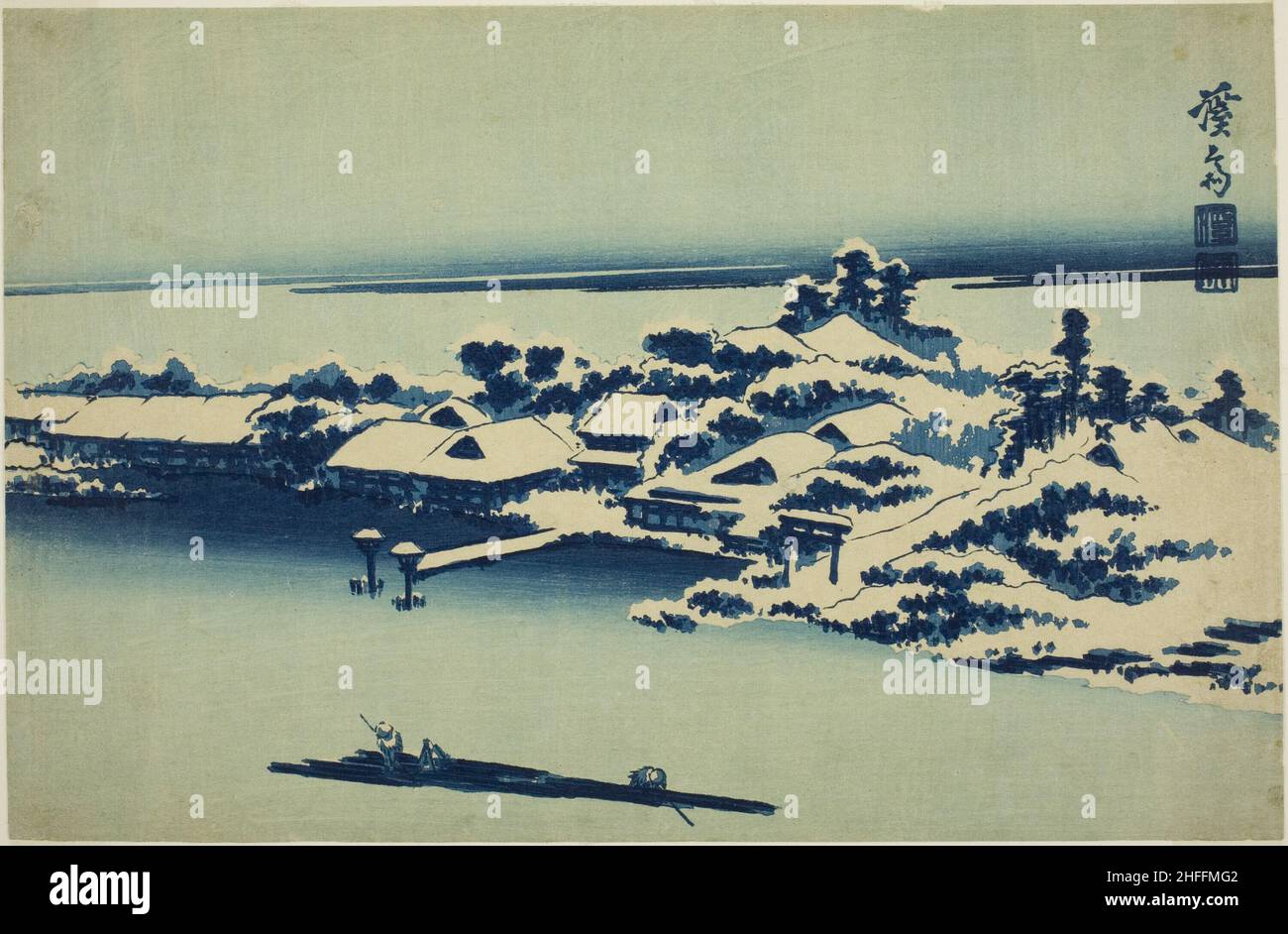 Neige sur la rivière Sumida, Japon, début 1830s. Banque D'Images