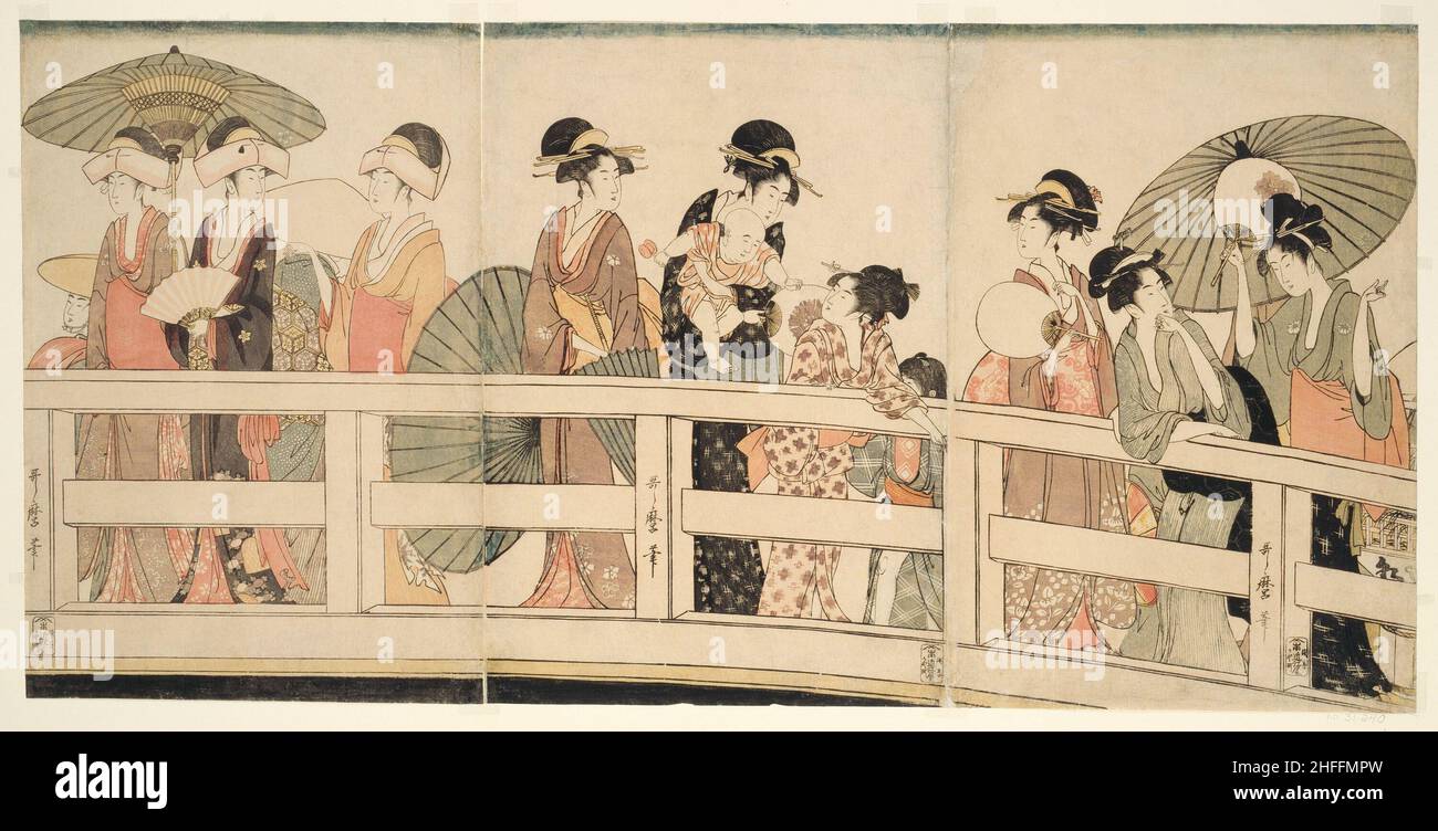 En haut et en dessous du pont Ryogoku (Ryogokubashi no ue, shita), Japon, c.1795/96. Banque D'Images