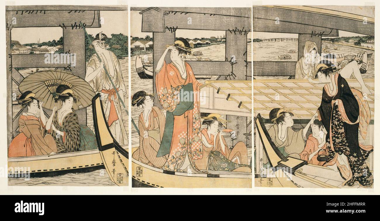 En haut et en dessous du pont Ryogoku (Ryogokubashi no ue, shita), Japon, c.1795/96. Banque D'Images