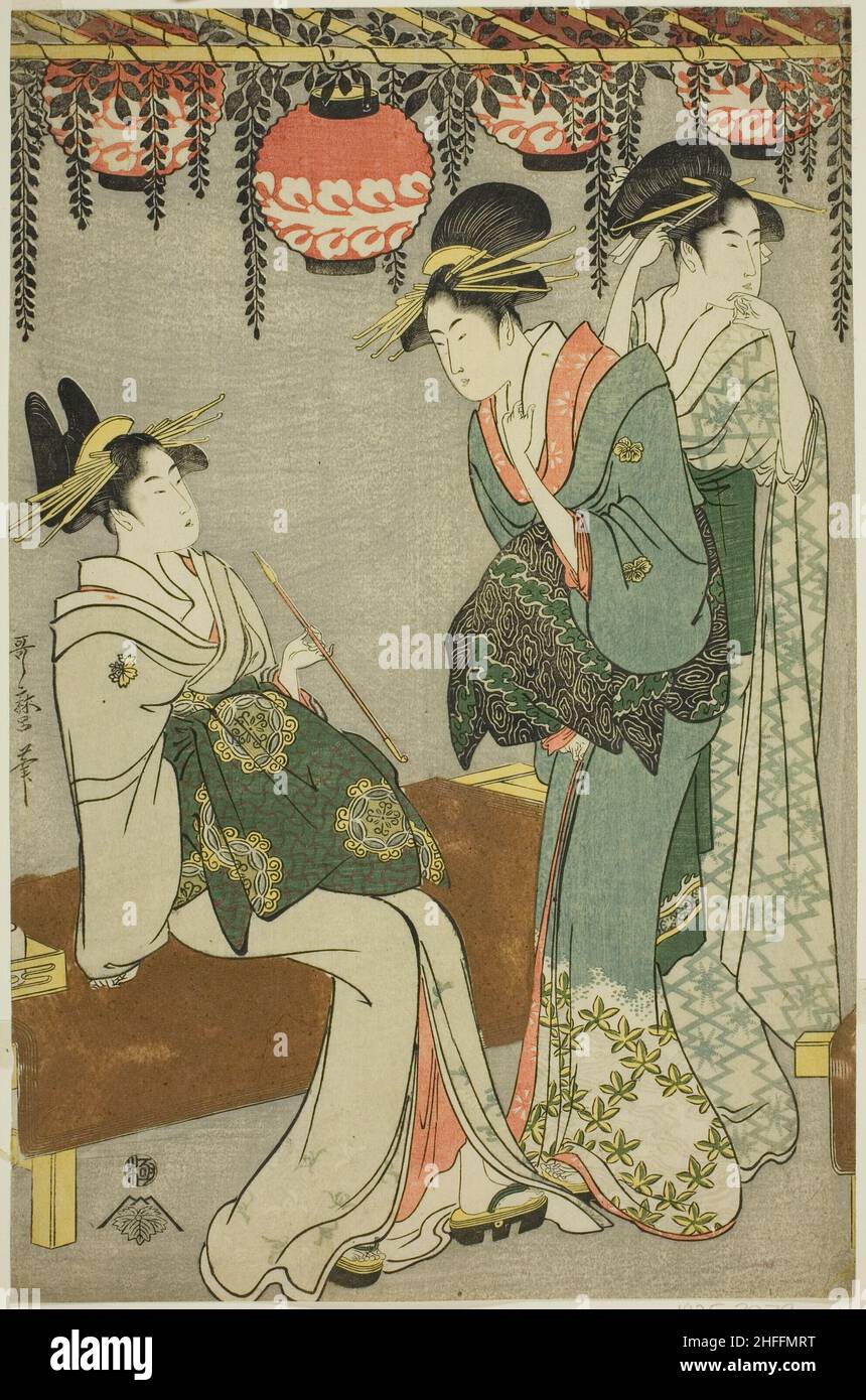 Courtesans sous Wisteria Arbor, Japon, c.1795. Banque D'Images