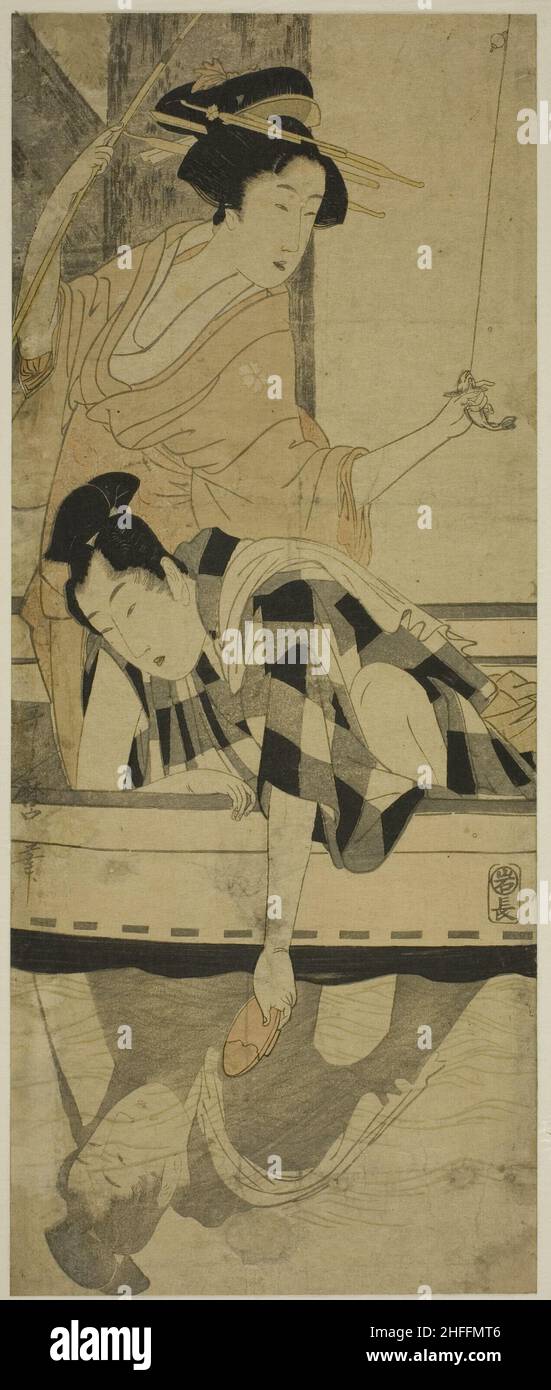 Pêche sous un pont, Japon, c.1800. Banque D'Images