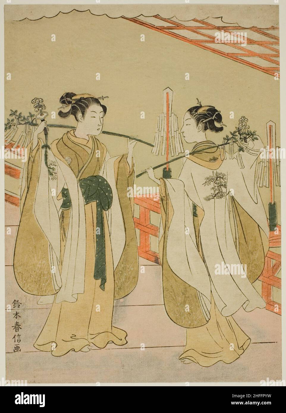 Sanctuaire Maidens Onami et danse d'Ohatsu au sanctuaire Yushima Tenjin, c.1769. Banque D'Images