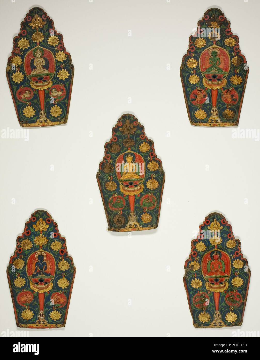 Cinq panneaux d'une couronne de Vajrasattva avec Buddhas transcendantal, 15th siècle. Banque D'Images