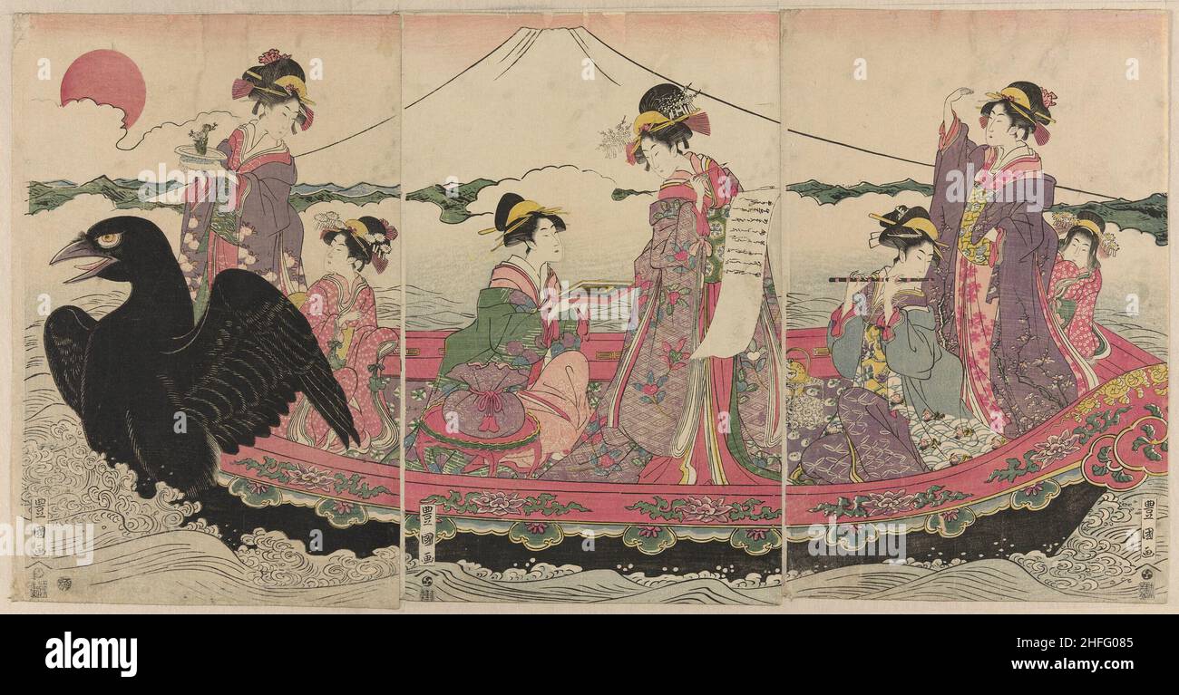 Les femmes sur un bateau au nouvel an imitant les sept dieux de bonne fortune, n.d. Banque D'Images