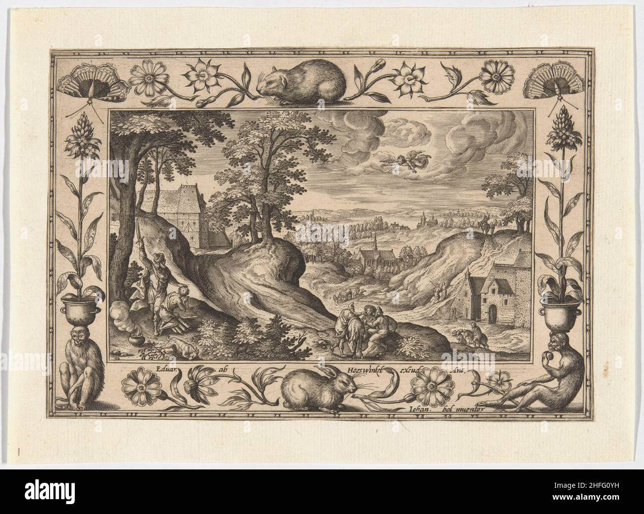 Sacrifice d'Abraham d'Isaac, des paysages aux scènes de l'ancien et du Nouveau Testament et aux scènes de chasse, 1584. Banque D'Images