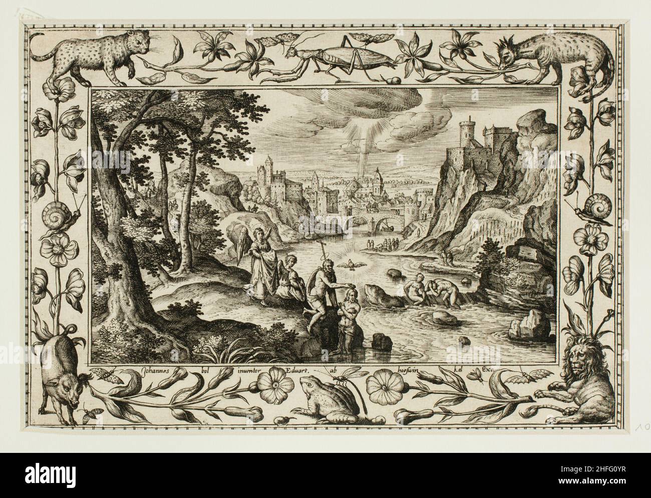 Le Baptême du Christ, des paysages avec les scènes de l'ancien et du Nouveau Testament et les scènes de chasse, 1584. Banque D'Images
