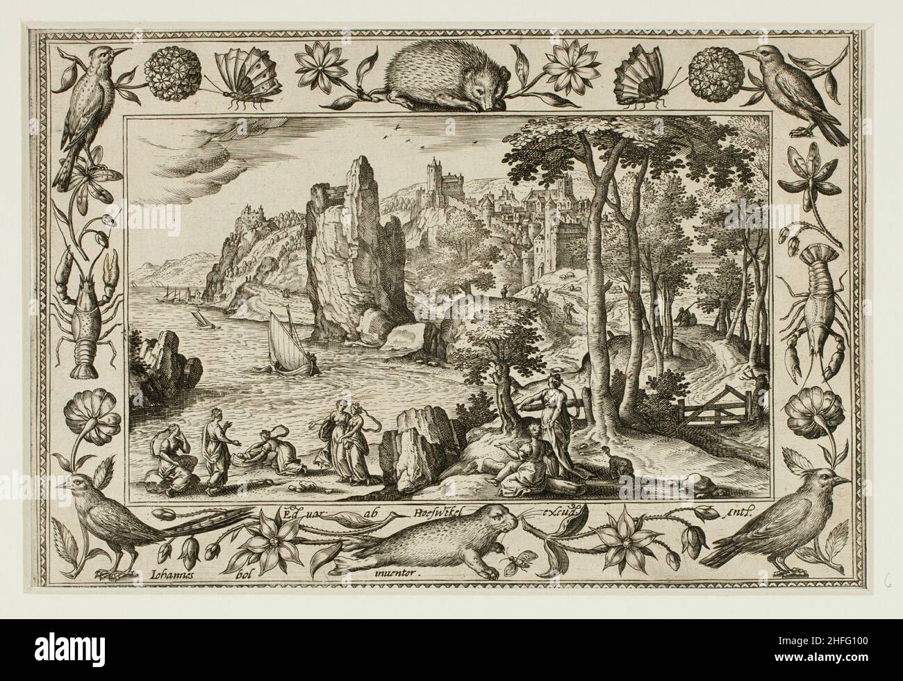 La fille de Pharaon trouvant Moïse, des paysages avec des scènes de l'ancien et du Nouveau Testament et des scènes de chasse, 1584. Banque D'Images