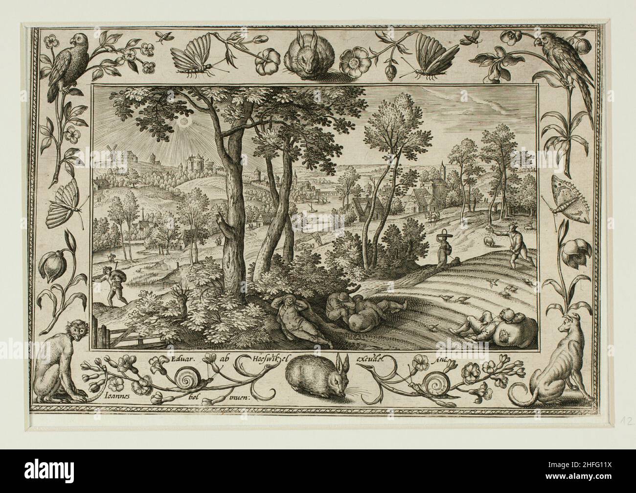 L'ennemi semant des tares parmi le blé, des paysages avec des scènes de l'ancien et du Nouveau Testament et des scènes de chasse, 1584. Banque D'Images