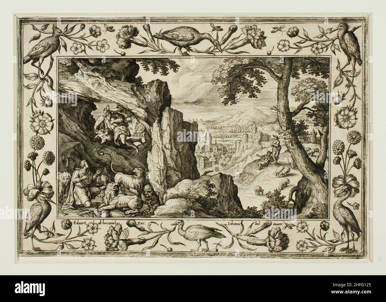Daniel dans le Lion's Den, des paysages avec les scènes de l'ancien et du Nouveau Testament et les scènes de chasse, 1584. Banque D'Images