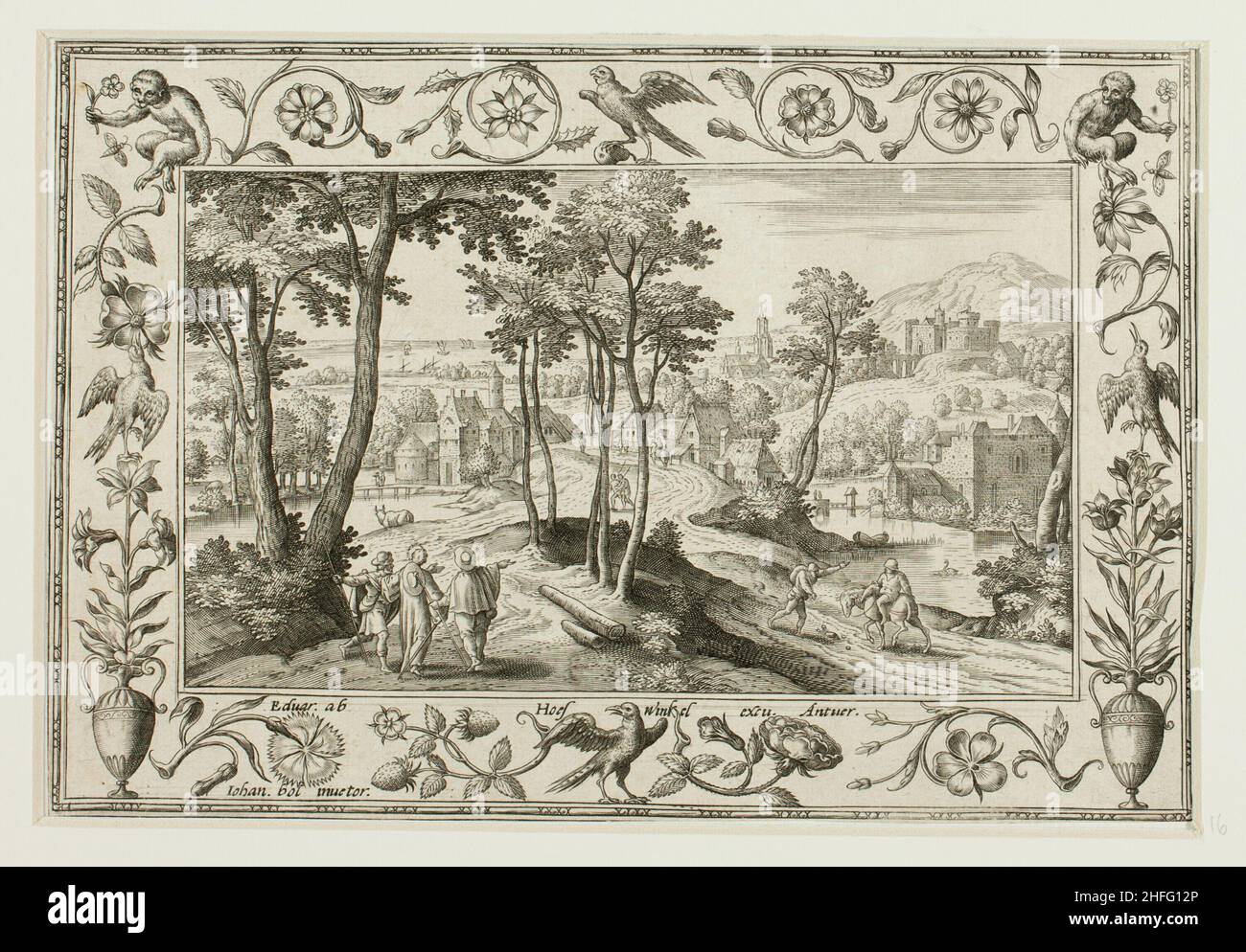 Le voyage à Emmaüs, des paysages avec les scènes de l'ancien et du Nouveau Testament et les scènes de chasse, 1584. Banque D'Images
