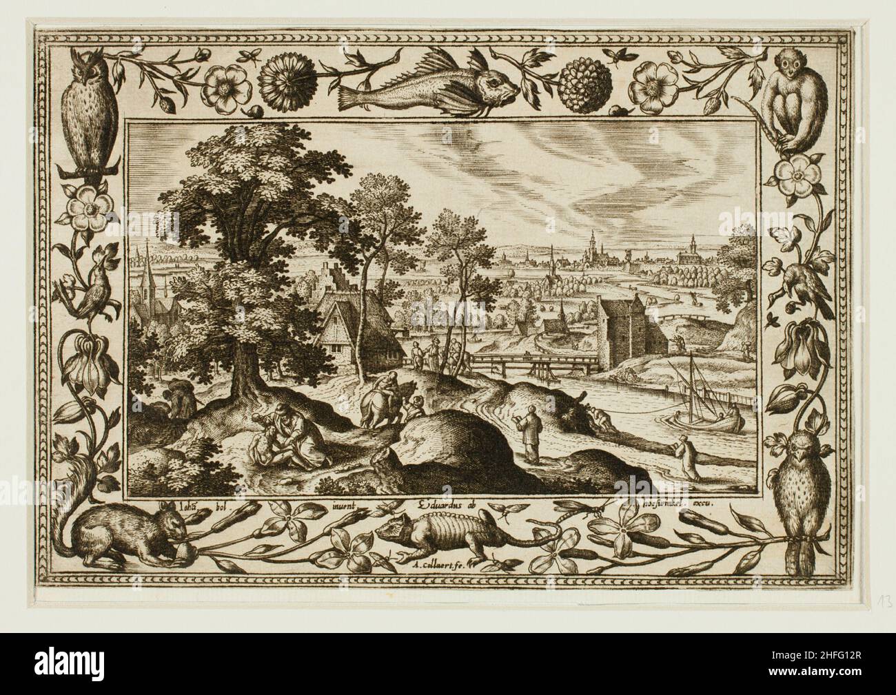 La parabole du bon Samaritain, des paysages avec les scènes de l'ancien et du Nouveau Testament et les scènes de chasse, 1584. Banque D'Images