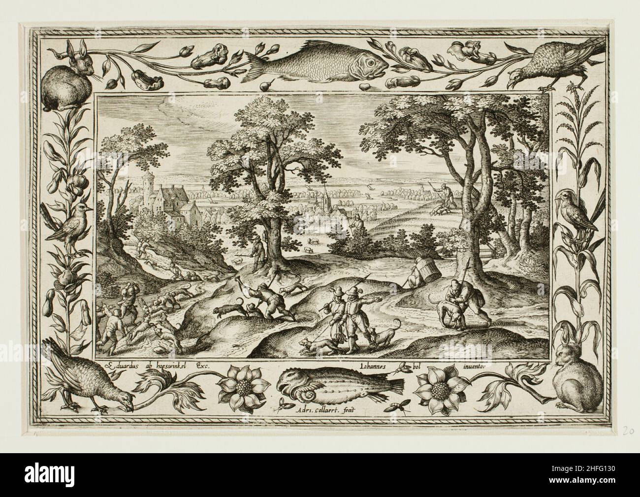 Lièvre Hunt, de paysages avec scènes de l'ancien et du Nouveau Testament et scènes de chasse, 1584. Banque D'Images