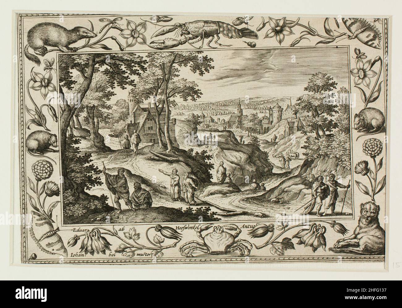 L'envoi des Apôtres, des paysages avec les scènes de l'ancien et du Nouveau Testament et les scènes de chasse, 1584. Banque D'Images