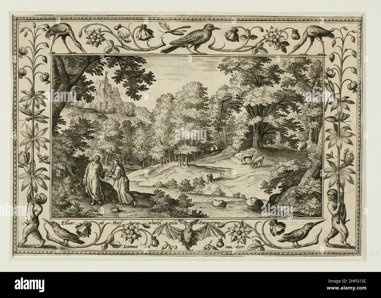 La tentation du Christ, des paysages avec les scènes de l'ancien et du Nouveau Testament et les scènes de chasse, 1584. Banque D'Images