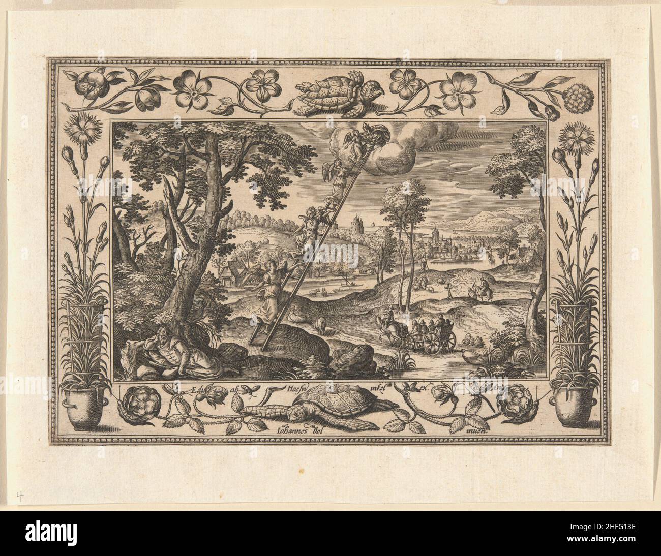 Le rêve de Jacob, des paysages avec les scènes de l'ancien et du Nouveau Testament et les scènes de chasse, 1584. Banque D'Images