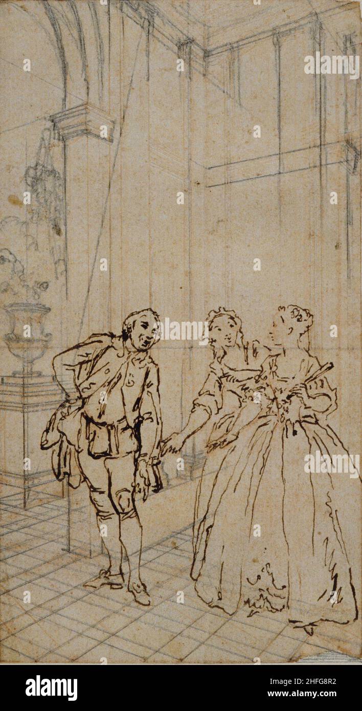 Illustration littéraire avec gentleman et deux Dames à l'intérieur, n.d. Banque D'Images