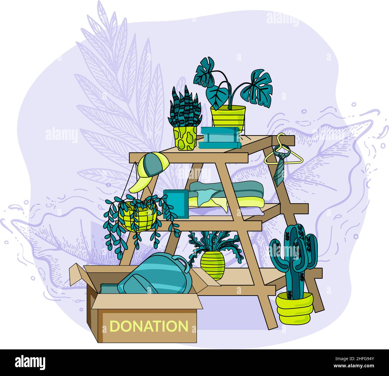 Illustration vectorielle plate de dons de vêtements, livres et plantes d'occasion.Une boîte de trucs et un sac à dos.La deuxième vie des choses.D'une seconde main, les éléments de t Illustration de Vecteur