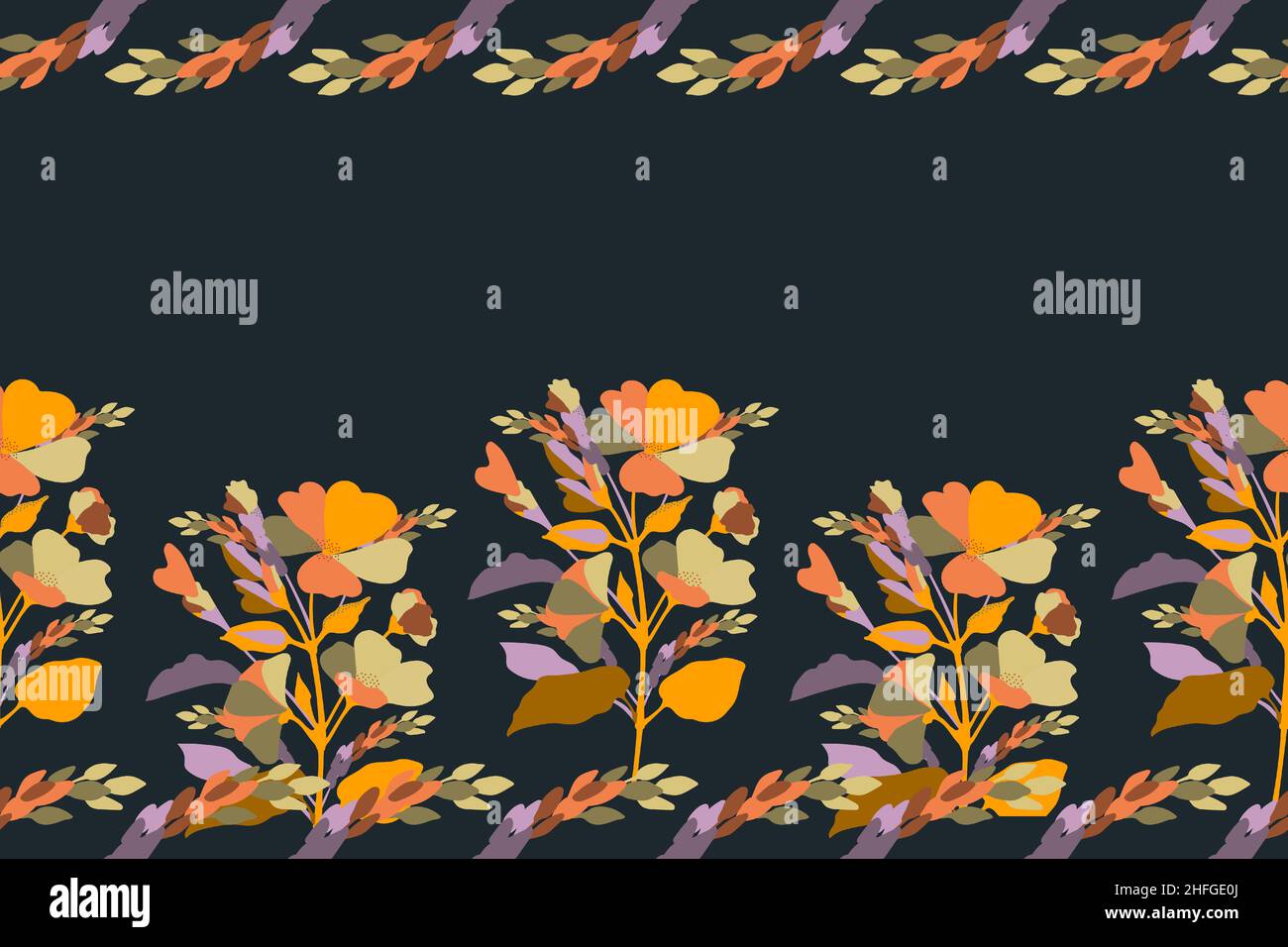 Motif fleuri vectoriel sans couture, bordure.Design horizontal panoramique avec fleurs colorées, pointes, brindilles et feuilles. Illustration de Vecteur
