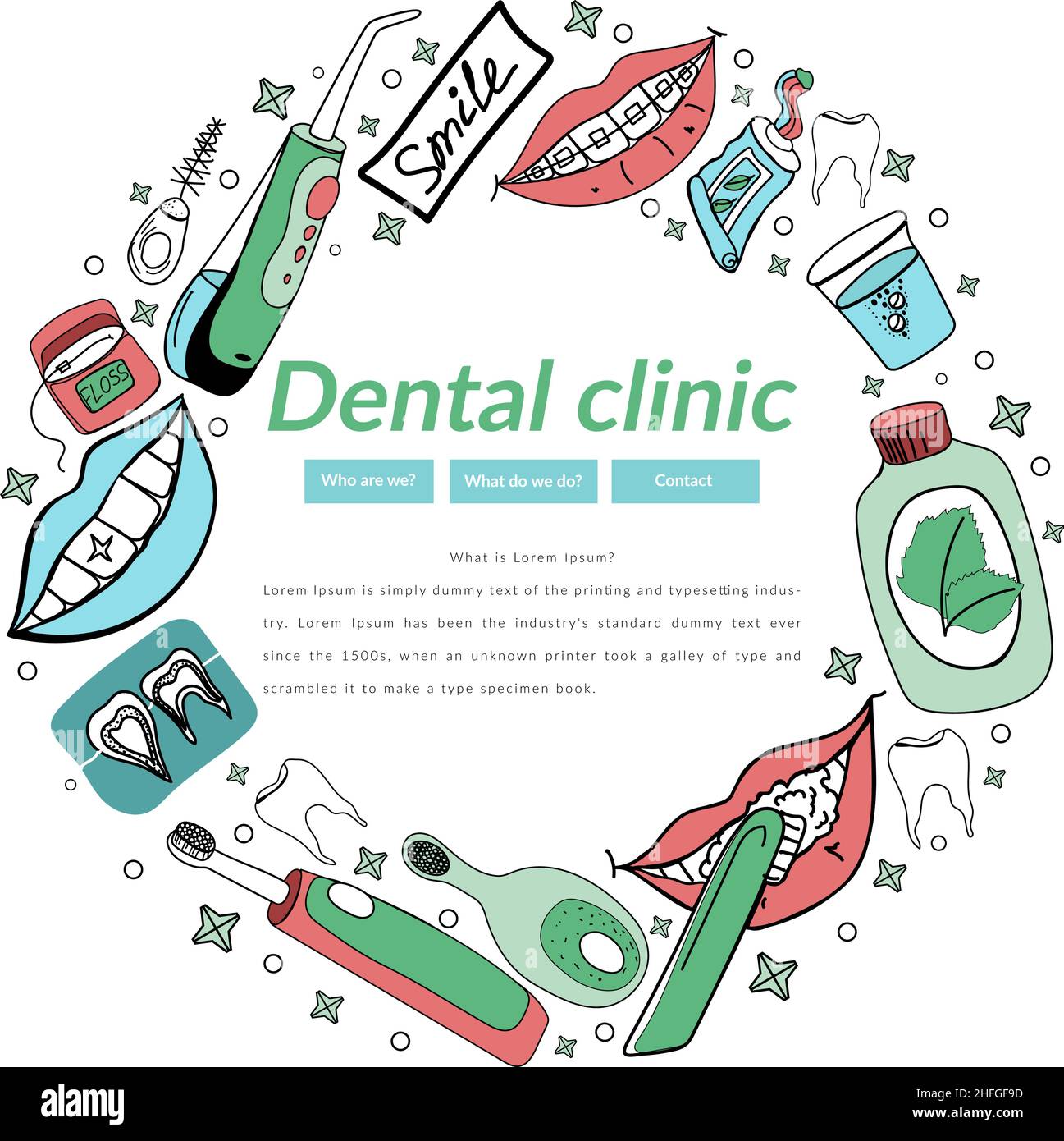 Femme dentiste et patient pendant l'intervention dentaire.Cabinet dentaire, outils et équipement.Doodle concept de la dentisterie pour bannière Web, images de héros et pri Illustration de Vecteur