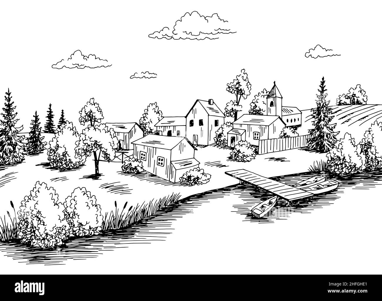 Village rivière graphique noir blanc paysage rural esquisse illustration vecteur Illustration de Vecteur