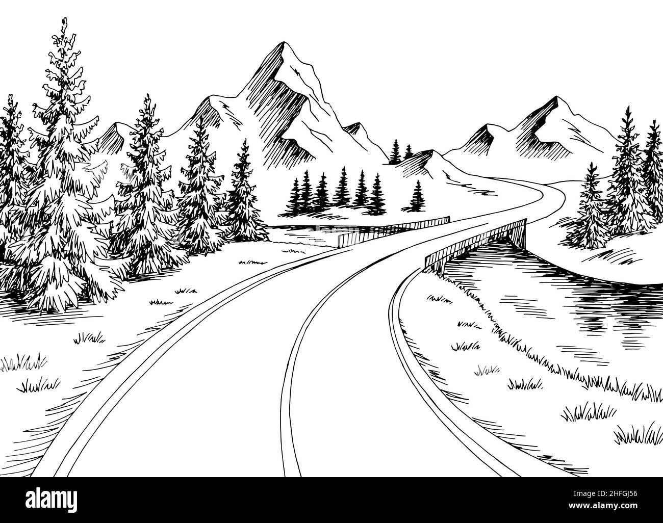 Mountain Bridge River graphique noir blanc paysage dessin illustration vecteur Illustration de Vecteur