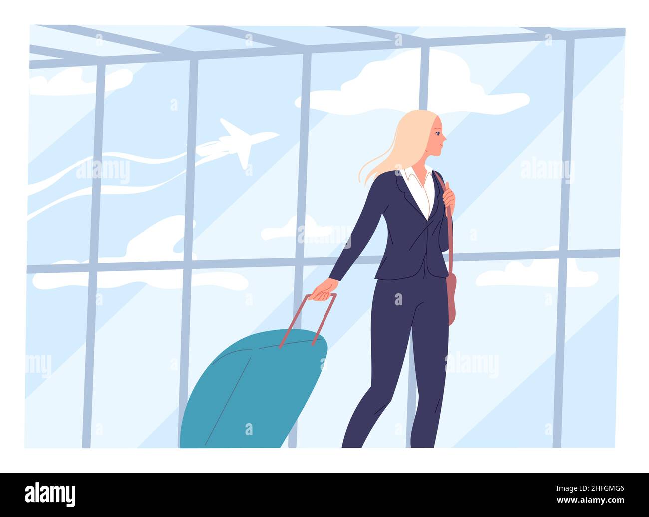 Une jeune femme marche à travers un aéroport avec une valise. Illustration de Vecteur