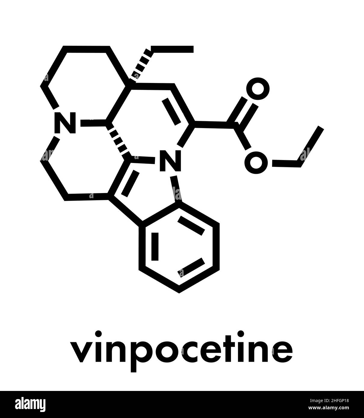 Molécule de vinpocétine.Dérivé alcaloïde de vinca semi-synthétique, utilisé comme médicament et comme supplément alimentaire.Formule squelettique. Illustration de Vecteur