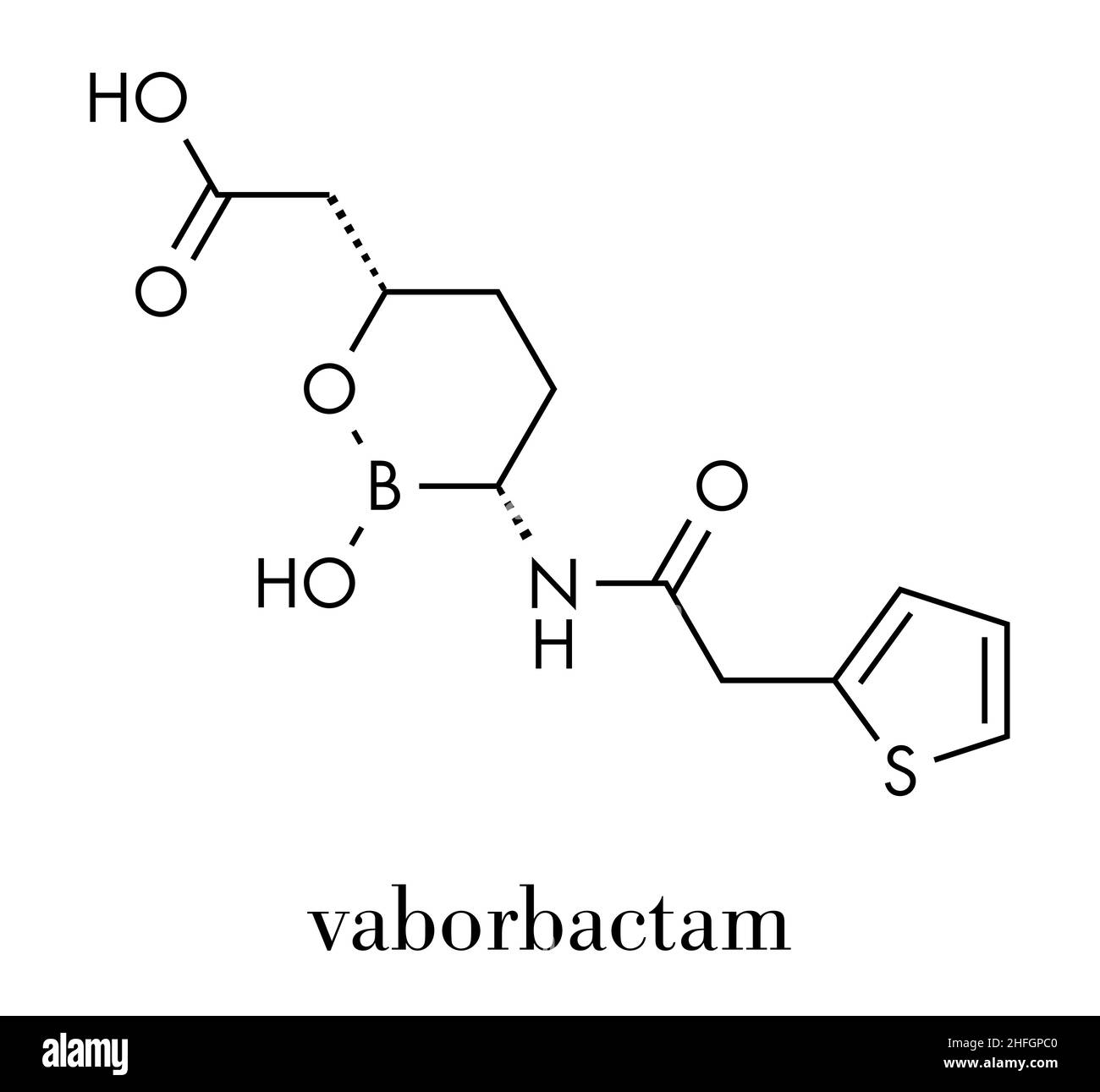 Vaborbactam molécule pharmaceutique. Les bêta-lactamases co-administré avec le méropenem pour bloquer la dégradation de ce dernier par carbapenemase enzymes. Skelet Illustration de Vecteur