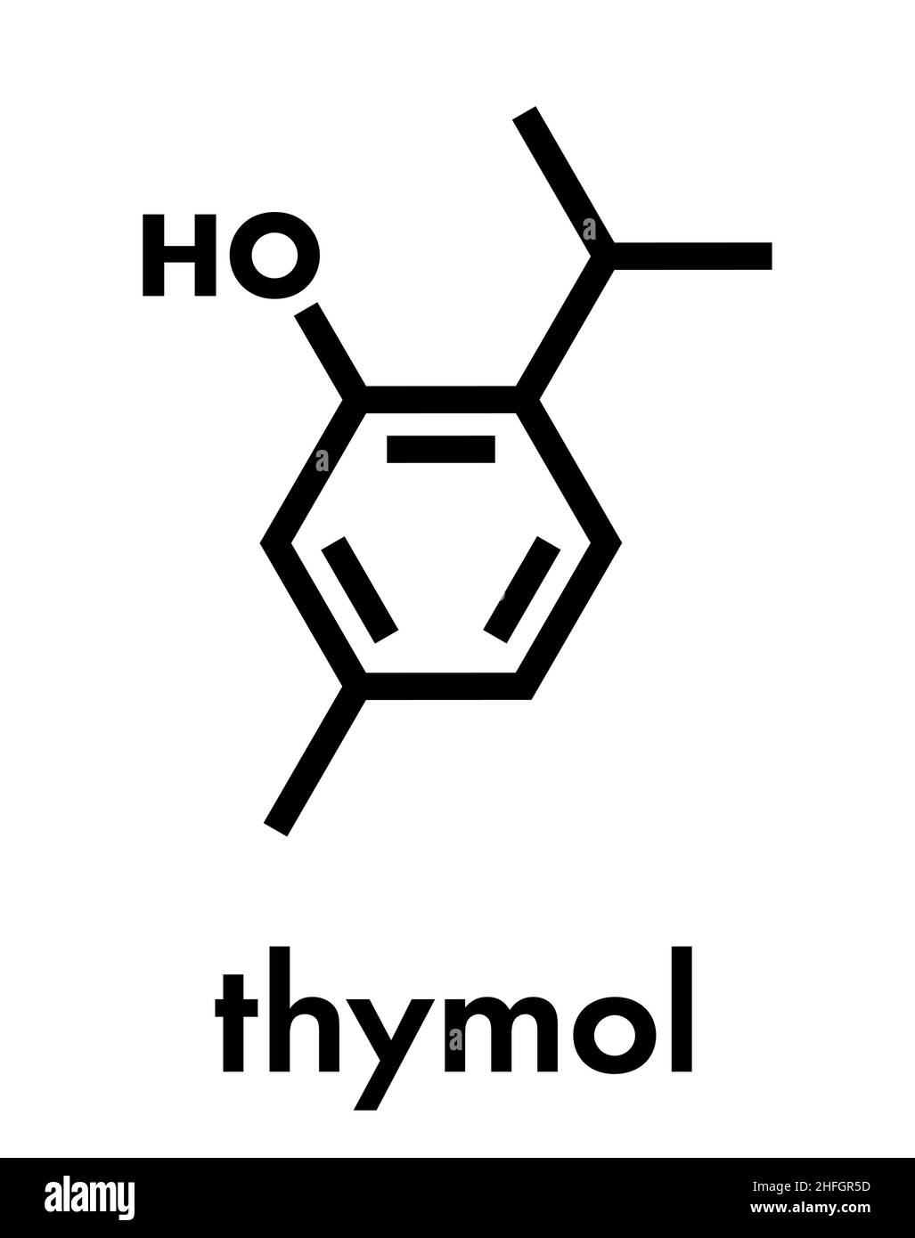 L'huile de thym Thymol molécule. Présent dans la cuisine herb Thymus vulgaris. A des propriétés antiseptiques et propriétés préservatrices. Formule topologique. Illustration de Vecteur